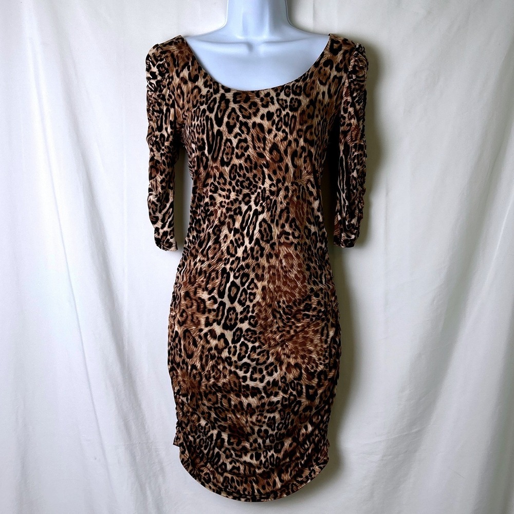Codigo Womens Leopard Ruched Cutout Back Bodycon Dress Size M Brown Mob Wife